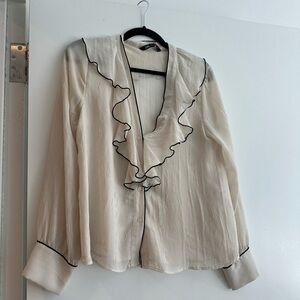 Zara Long Sleeve Contrast Piping Ruffle Blouse